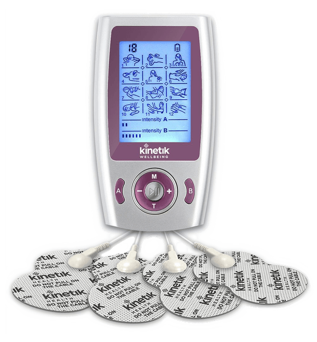 Photo of an electronic muscle stimulator with multiple electrode pads and a digital display for intensity settings.