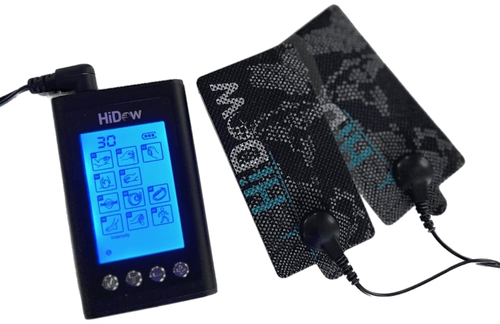 A HiDow XPD12 TENS unit with its screen lit on the program icons, beside two large electrode pads on their lead wires.